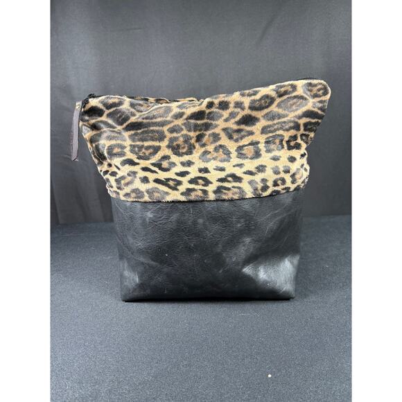 Leopard Print & Faux Black Leather Large Bag Handmade One of Kind Travel Case - Picture 3 of 6